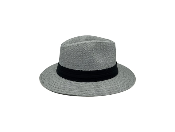 Gray Straw Panama Hat, Stiff Brim Hat, Men Summer Hat, Women Safari Hat, Stiff Fedora Hat, Vintage Hat, Man / Woman Flat Brim
