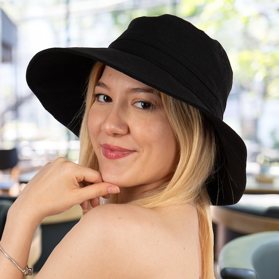 Black Linen Wide Brim Bucket Hat, Bright Color Summer Bucket Hat
