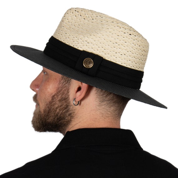 Black Natural Panama Hat, Men Summer Raffia Hat, Ecuador Montecristi Flat Brim, Man Mixed Fedora Hat,Palm Hat , Man / Woman Safari Hat