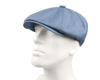 Casquette gavroche d'été en lin bleu à 8 panneaux, style gavroche, casquette plate irlandaise, chapeau vintage léger pour homme, chapeau Ivy