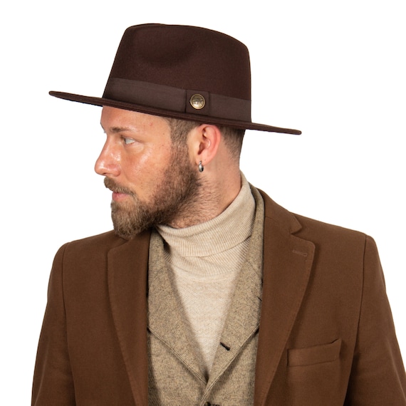 Dark Brown Fedora Hat, Vegan Felt Stiff Brim Hat, Men Winter Hat