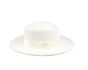 Pearl White Vegan Felt Boater Hat, Stiff Brim Fedora