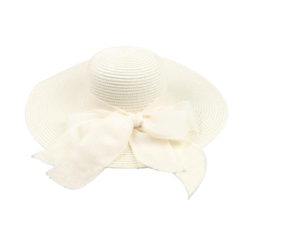 Cappello di paglia a tesa larga in stile vintage romantico color avorio, cappello da festa con doppio fiocco, cappello estivo da donna, cappello da spiaggia, cappello da sole pieghevole boho, cappello da damigella d'onore