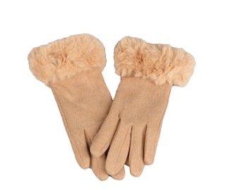 Kamel-Fleece-Handschuhe mit Kunstpelz-Details: Handgefertigter Touchscreen-Handschuh