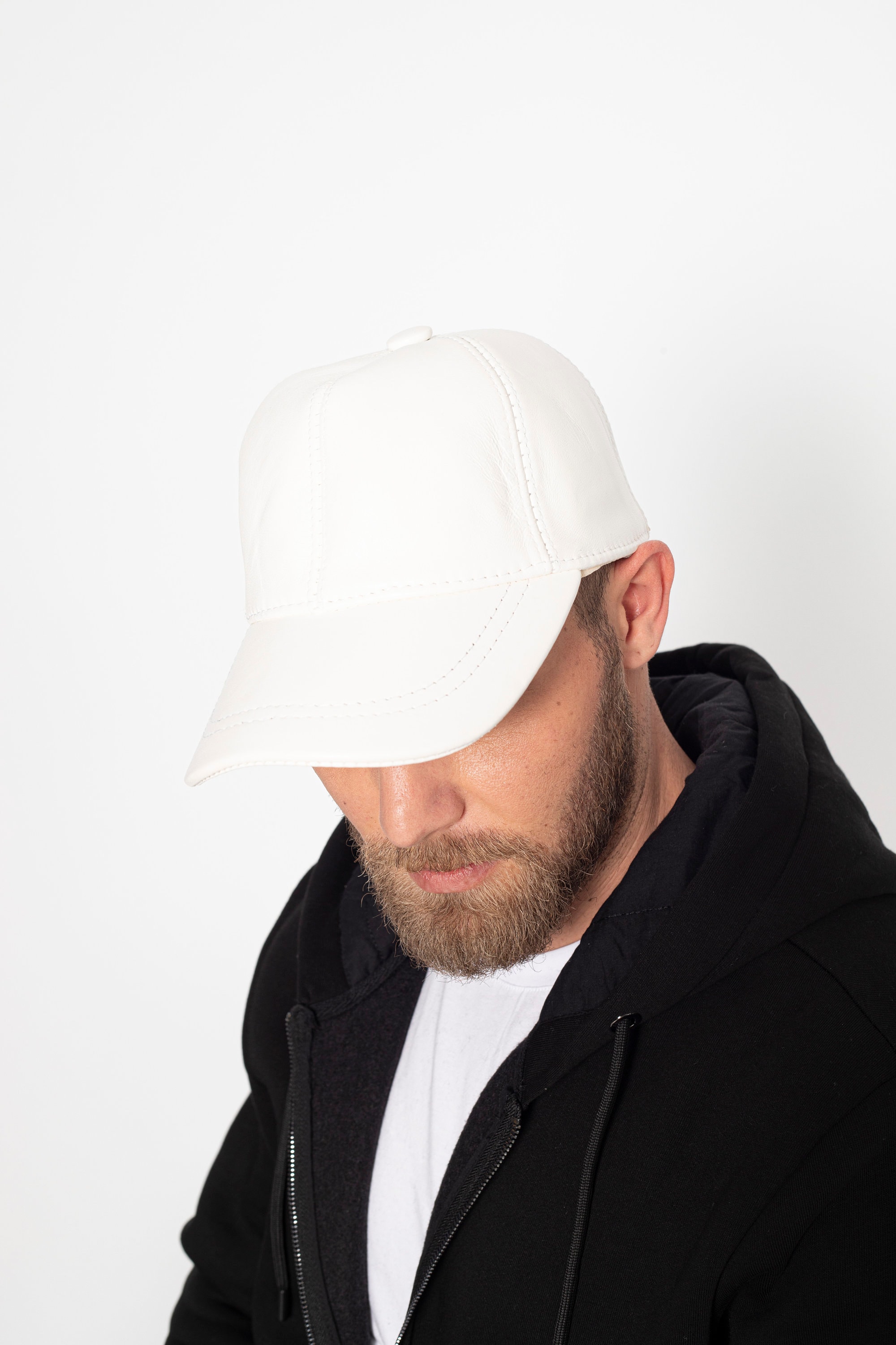 Pearl White Leather Baseball Cap, Hatsquare Baseball Cap
