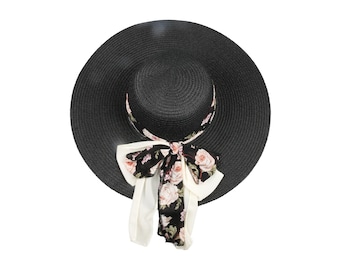 Black Romantic Vintage Style Wide Brim Straw Hat, Floral Bow Holiday Hat, Women Summer Hat, Beach Hat, Boho Foldable Sun Hat, Bridesmaid hat