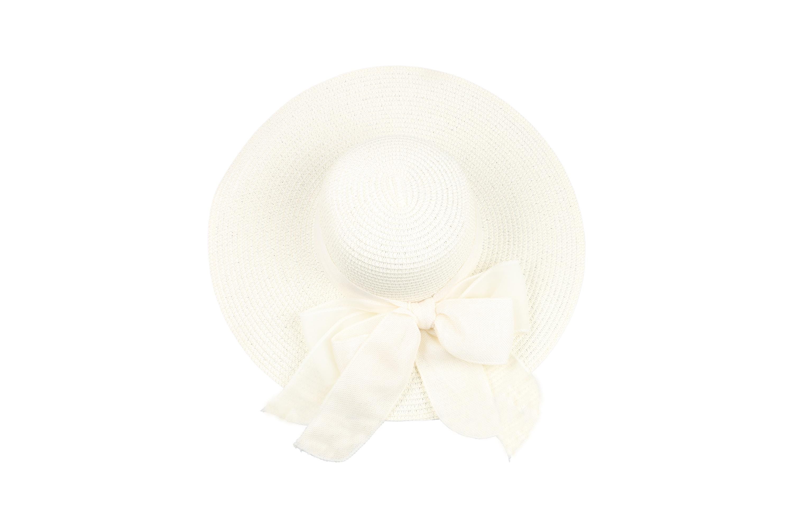 Ivory Romantic Vintage Style Wide Brim Straw Hat, Double Bow 