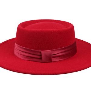 Red Women Boater Hat, Vegan Felt Stiff Brim Fedora Hat,  Hatsquare Bolero Hat, Women Wide Brim Hat, Flat Brim, Round Captain Hat