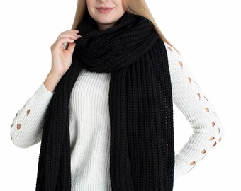 Black Oversize Extra Long Chunky Scarf, Unisex Winter Hand