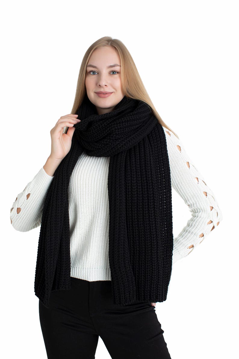 Black Oversize Extra Long Chunky Scarf, Unisex Winter Hand Knitted ...
