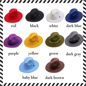 May include: A collection of ten fedora hats in various colors, including red, black, white, dark blue, purple, yellow, green, dark gray, baby blue, and dark brown.