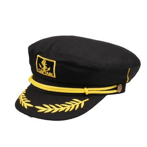 Black Skipper Sailor Captain Hat, Unisex Anchor Embroidered Boating Cap, Handmade Man Navy Officer Hat, Yachtsman Nautical First Mate Hat