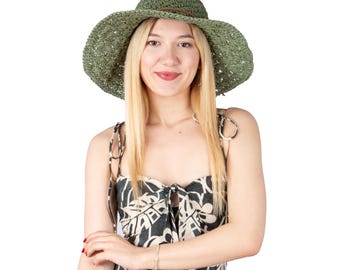 Saliegroene zomerkant stijl strohoed met brede rand, vakantiehoed, dameszomerhoed, strandhoed, zonnehoed, bohohoed, dameshoed, opvouwbare hoed