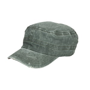 May include: A distressed olive green cadet cap with a pre-curved bill. The cap features a worn, faded appearance with visible stitching and a slightly frayed edge on the bill. This military-style hat is a casual accessory.