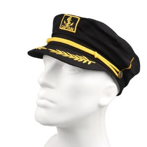 Black Skipper Sailor Captain Hat, Unisex Anchor Embroidered Boating Cap, Handmade Man Navy Officer Hat, Yachtsman Nautical First Mate Hat