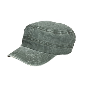 May include: A dark green, distressed, cotton twill baseball cap with a straight brim and a five-panel crown.