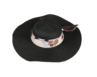 Sombrero de paja de ala ancha estilo vintage romántico negro, sombrero con lazo floral, sombrero de verano para mujer, sombrero de playa, sombrero bohemio, sombrero para el sol plegable, sombrero de dama de honor