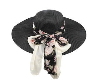 Black Romantic Vintage Style Wide Brim Straw Hat, Floral Bow Holiday Hat, Women Summer Hat, Beach Hat, Boho Foldable Sun Hat, Bridesmaid hat