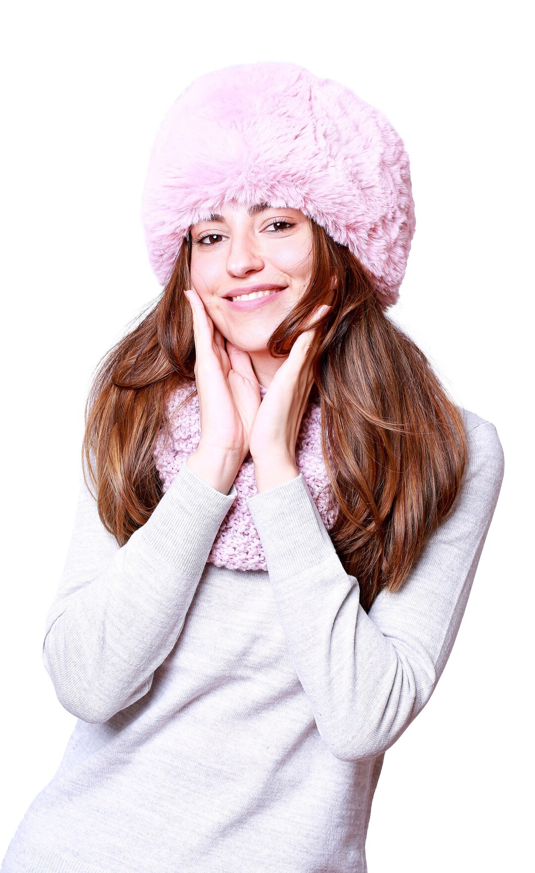 Pink Faux Fur Women Winter Hat , Russian Fur Hat, Cossack Fur Hat