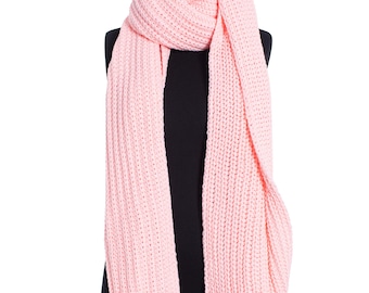 Baby Pink Oversize Extra Long Chunky Scarf, Hatsquare Unisex Winter Hand Knitted Shawl, Women Blanket Scarf, Soft Ribbed Wrap Christmas Gift