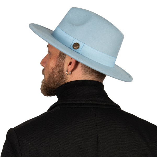 Baby Blue Fedora Hat, Vegan Felt Stiff Brim Hat, Hatsquare Men Winter Hat, Women Stiff Brim Fedora Hat, Flat Brim, Bridesmaid Groomsman Hat