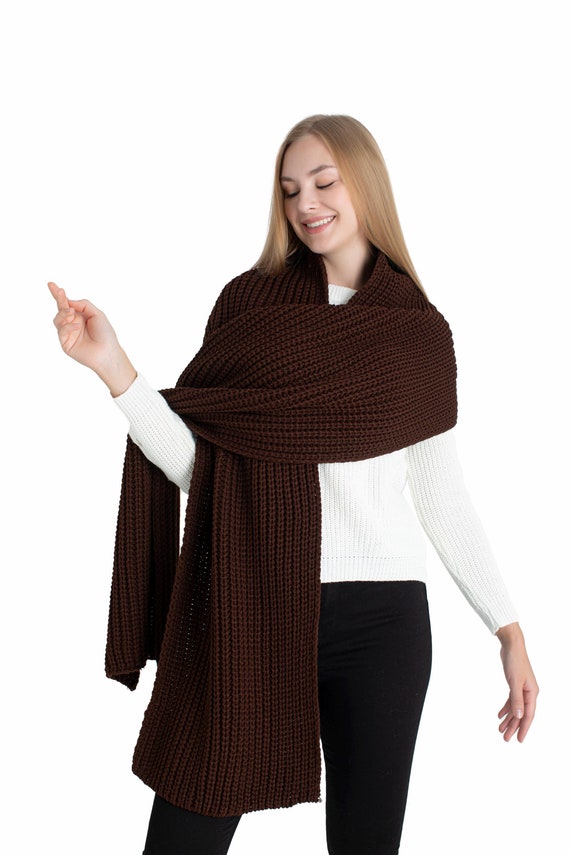 Dark Brown Oversize Extra Long Chunky Scarf, Unisex Winter Hand