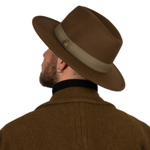 Khaki Green Fedora Hat, Vegan Felt Stiff Brim Hat, Men Winter Hat, Women Wide Brim, Stiff Fedora Hat, Flat Brim, Bridesmaid / Groomsman Hat