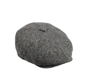 Gray Tweed Wool 8 Panel Cap : Handmade Newsboy Cap