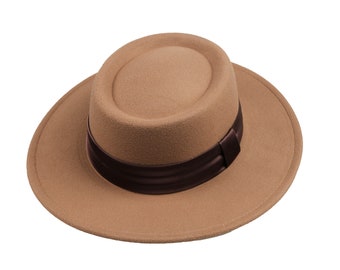 Latte Vegan Felt Boater Hat, Wide Brim Fedora with Ribbon
