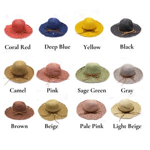 May include: A set of 12 straw sun hats in various colors, including coral red, deep blue, yellow, black, camel, pink, sage green, gray, brown, beige, pale pink, and light beige.