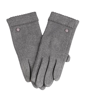 May include: A pair of grey gloves with a button detail on the cuff. The gloves are made of a soft material and have a scalloped edge on the cuff. The gloves are designed for cold weather.