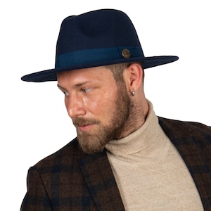 Dark Blue Fedora Hat, Vegan Felt Stiff Brim Hat, Men Winter Hat, Women Wide Brim Hat, Stiff Fedora Hat, Flat Brim, Bridesmaid Groomsman Hat