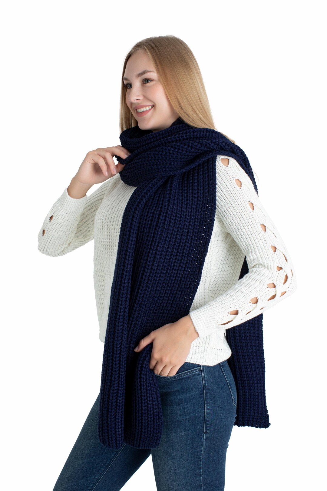 Dark Blue Oversize Extra Long Chunky Scarf, Unisex Winter Hand Knitted ...
