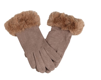 Braune Fleece-Armstulpen mit Kunstpelz-Details, Touchscreen-Frauen-Winterhandschuhe, Damen Einheitsgröße Handschuh, Flexible Handschuhe, Hutquadrathandschuhe