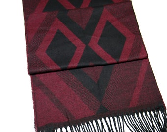 Burgundy Geometric Pattern Wool Men Scarf, Suit Scarf, Scarves for Men, Winter Scarf, Wool Fabric Scarf, Birthday Gift, Christmas Gift