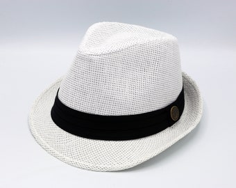Sombrero de paja Fedora blanco, sombrero Fedora de paja, sombrero de playa, sombrero de sol, sombrero boho, sombrero de ala corta, sombrero de verano para hombres, sombrero de paja para mujer, regalo de verano