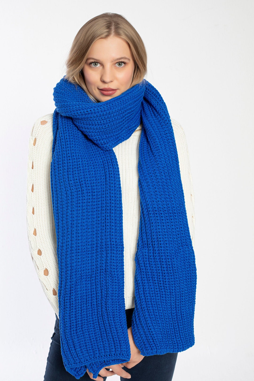 Blue Oversize Extra Long Chunky Scarf, Unisex Winter Hand Knitted Shawl ...