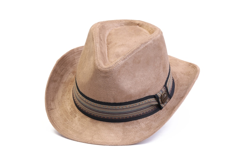 May include: A brown suede fedora hat with a black and brown striped band.