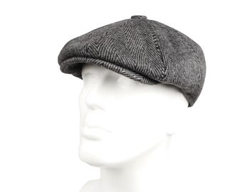Dark Gray Herringbone Wool 8 Panels Cap, Peaky Blinders Hat, Baker Boy Hat, Irish flat cap, Groomsman Gatsby Hat,  Hatsquare Man Newsboy Cap