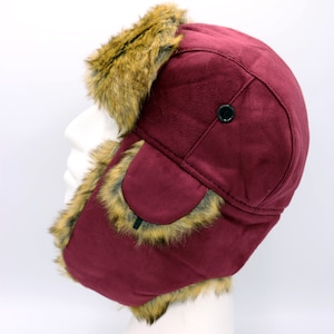 Casquette aviateur en nubuck cerise, chapeau en peau de mouton imitation peau de mouton retournée, casquette de trappeur, chapeau d'hiver pour homme, long chapeau à cache-oreilles, cadeau de Noël, cadeau d'anniversaire image 4