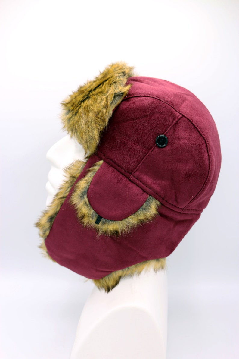 Casquette aviateur en nubuck cerise, chapeau en peau de mouton imitation peau de mouton retournée, casquette de trappeur, chapeau d'hiver pour homme, long chapeau à cache-oreilles, cadeau de Noël, cadeau d'anniversaire image 4