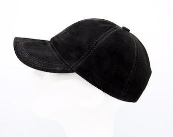 Baseballpet van zwart suède, leren baseballpet Hatsquare, verstelbare leren pet heren, suède pet dames, sportpet, papa-hoed