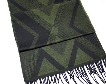 Dark Green Geometric Pattern Wool Men Scarf, Suit Scarf, Scarves for Men, Winter Scarf, Wool Fabric Scarf, Birthday Gift, Christmas Gift