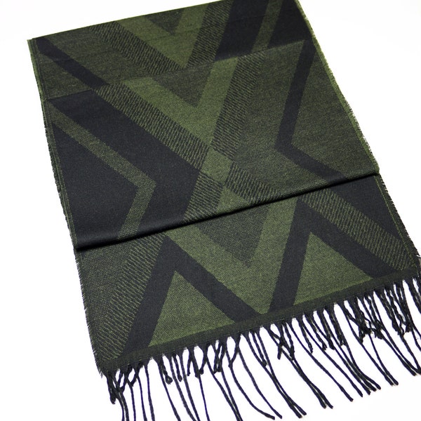 Dark Green Geometric Pattern Wool Men Scarf, Suit Scarf, Scarves for Men, Winter Scarf, Wool Fabric Scarf, Birthday Gift, Christmas Gift