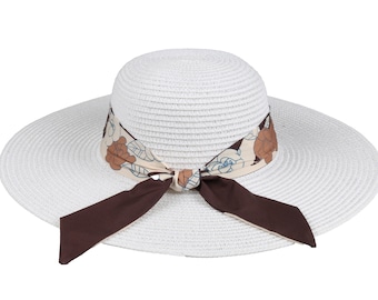 Chapeau de paille à large bord blanc romantique vintage, chapeau avec noeud floral, chapeau d'été pour femme, chapeau de plage, chapeau bohème, chapeau de soleil pliable, chapeaux de demoiselle d'honneur