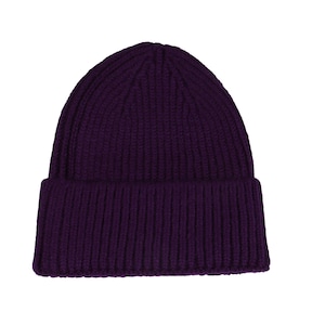 May include: A purple knitted beanie hat with a ribbed texture.
