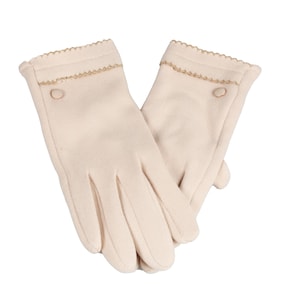 May include: A pair of cream-coloured gloves. The gloves feature a scalloped trim at the wrist and a small button detail. The gloves are made of a soft material, suitable for cold weather.
