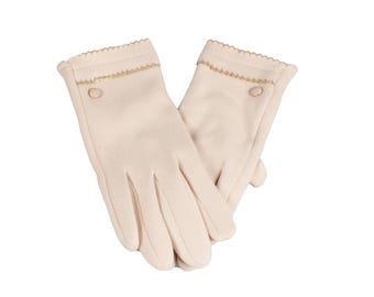 Beige Fleece-Armstulpen mit Knopf-Details, Touchscreen-Frauen-Winterhandschuhe, Weibliche Einheitsgröße Handschuh, Flexible Handschuhe, Hutquadrathandschuhe