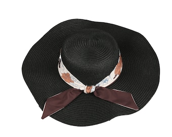 Sombrero de paja de ala ancha estilo vintage romántico negro, sombrero con lazo floral, sombrero de verano para mujer, sombrero de playa, sombrero bohemio, sombrero para el sol plegable, sombrero de dama de honor