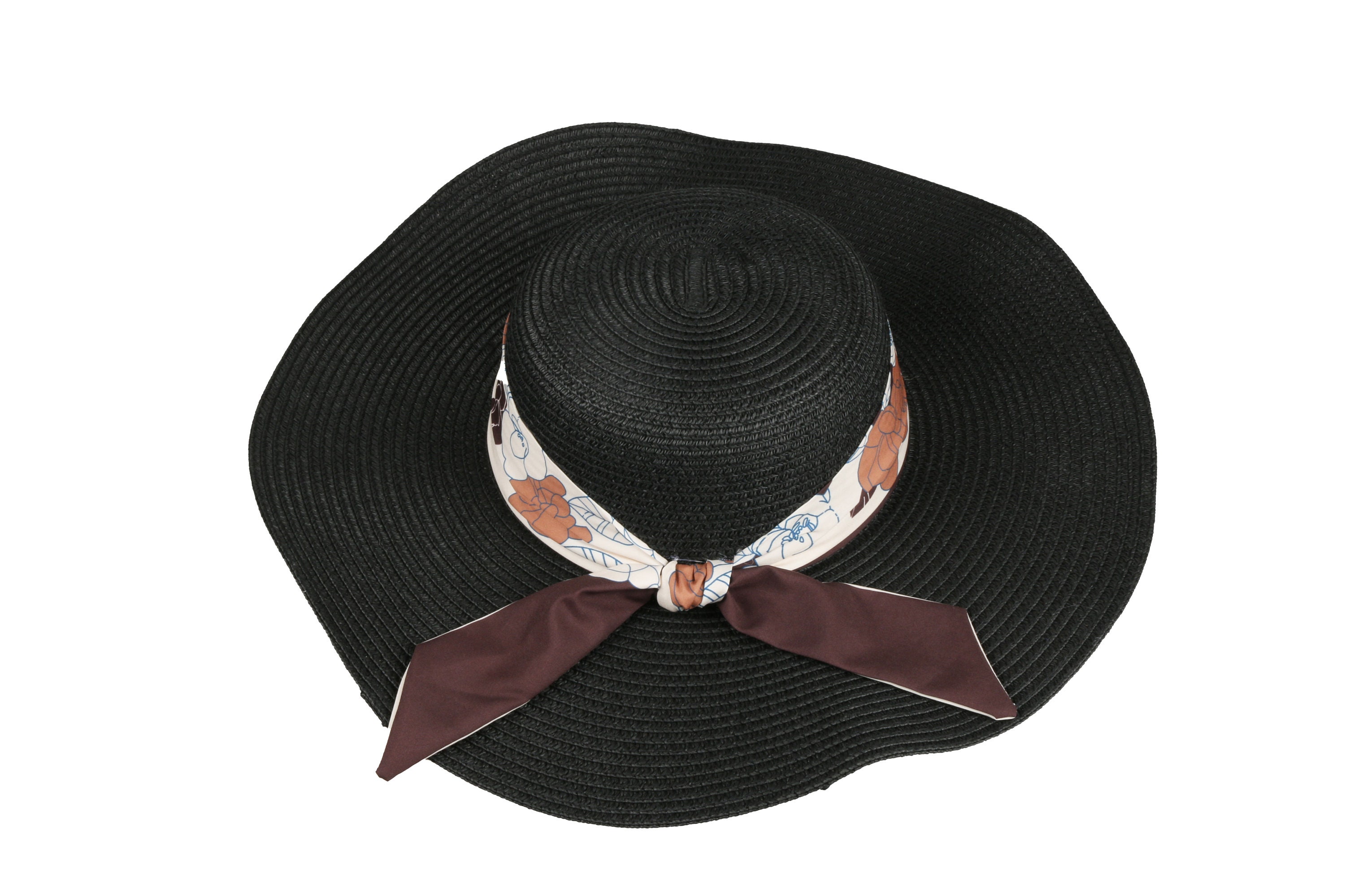 Black Romantic Vintage Style Wide Brim Straw Hat, Floral Bow  display picture 1